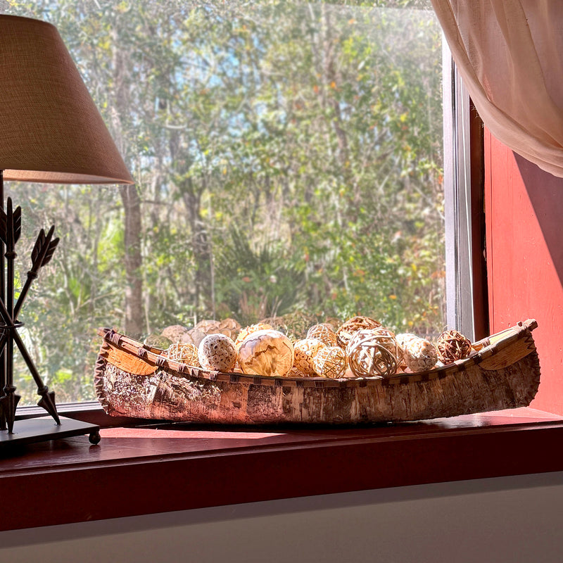 Zeckos Decorative Canoe Statue, 31 Inch Brown Freestanding Rustic Tabletop Sculpture with Natural Finish, Bark-Like Exterior
