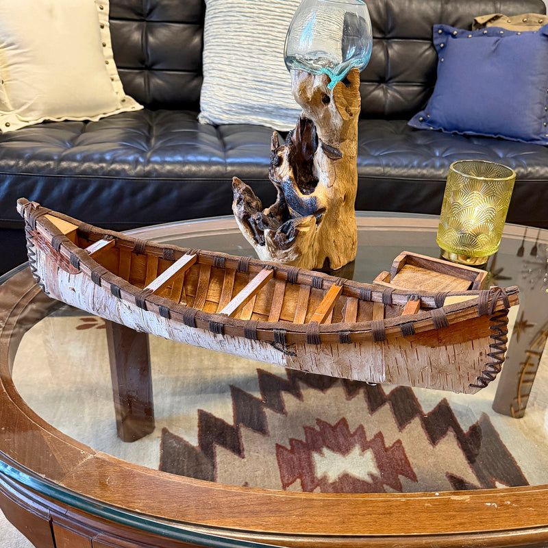 Zeckos Decorative Canoe Statue, Natural Wood Rustic Freestanding Tabletop Sculpture, 23.5 Inches Long, Tan Canoe Accent for