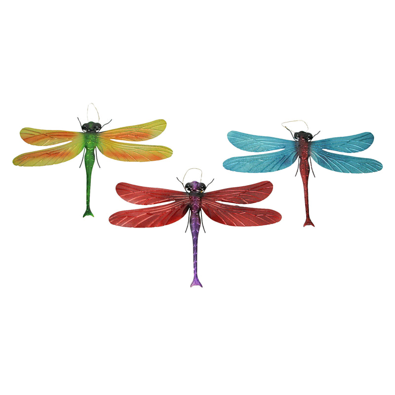 Enchanting Set of 3 Multicolor Metal Dragonfly Hanging Wall Sculptures -  indoor or Outdoor Decor  - Home and Garden Art -