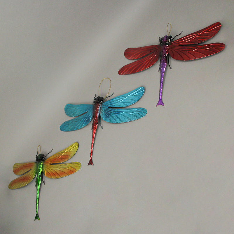 Enchanting Set of 3 Multicolor Metal Dragonfly Hanging Wall Sculptures -  indoor or Outdoor Decor  - Home and Garden Art -