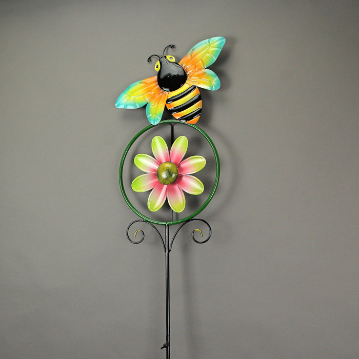 Enchanting 55-Inch High Flower and Bumble Bee Kinetic Wind Spinner Garden Stake: Whimsical Yard Decor Pinwheel Bringing