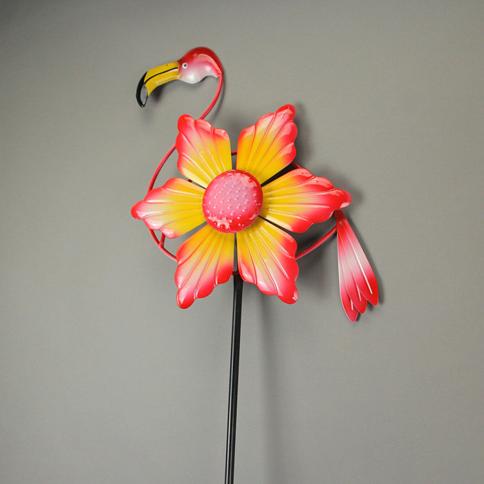 Pink Flamingo and Flower Metal Wind Spinner Garden Stake Yard Decor Pinwheel, Standing at a Whimsical 58 Inches High for a