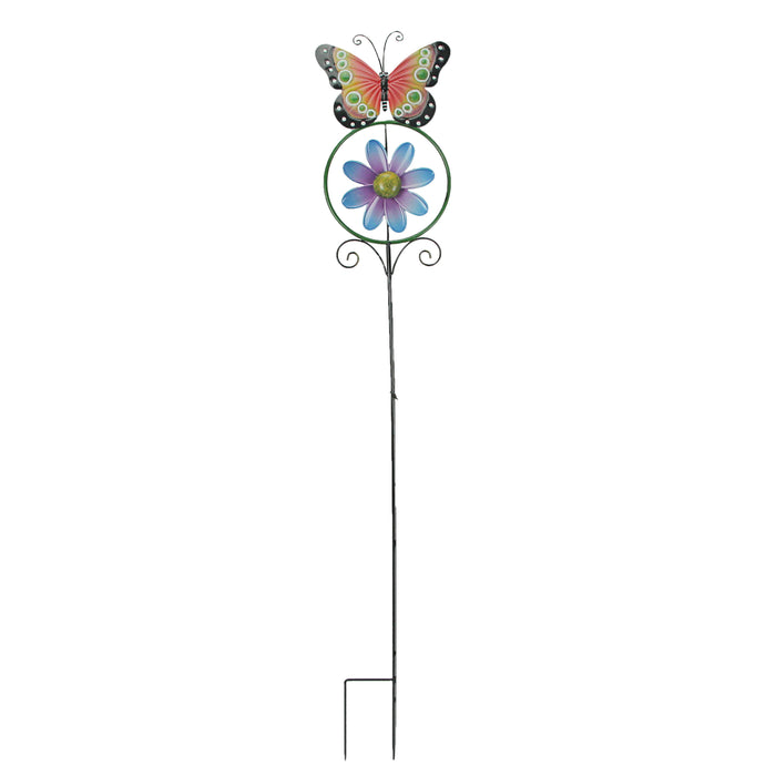 Enchanting Butterfly and Flower Wind Spinner: Metal Garden Stake Yard Decor Pinwheel, 55 Inches High, Kinetic Sculpture