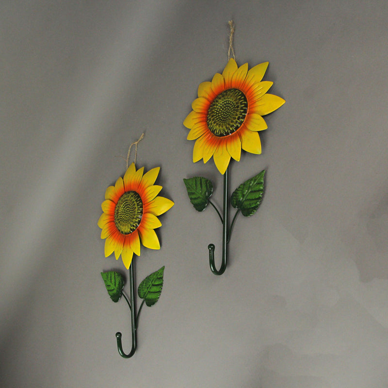 Set of 2 Painted Metal Sunflower Decorative Wall Hooks for Stylish Bohemian Flower-Themed Home Decor, 16 Inches High - Easy