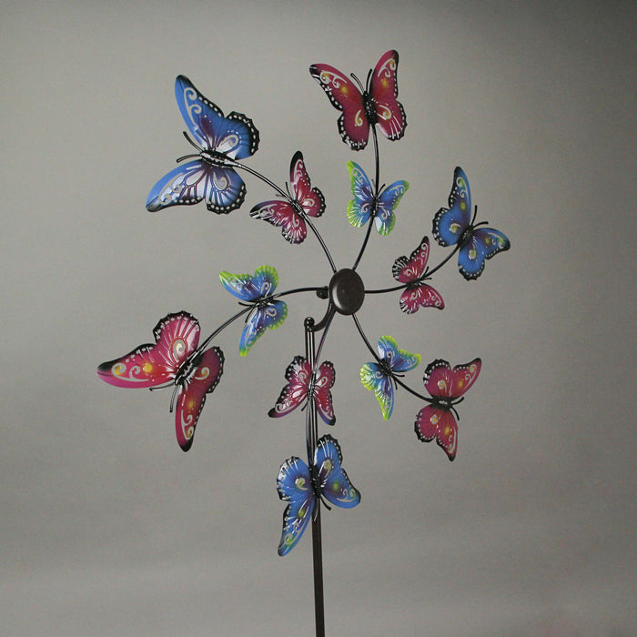 Whimsical Laser-Cut Butterfly Kinetic Wind Sculpture Garden Twirler Spinner Stake - Vibrant Red and Blue Finish - 72 Inches