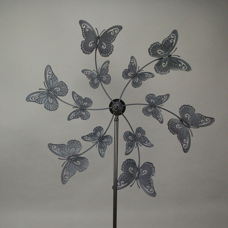 Whimsical Laser-Cut Butterfly Kinetic Wind Sculpture Garden Twirler Spinner Stake - Vibrant Red and Blue Finish - 72 Inches