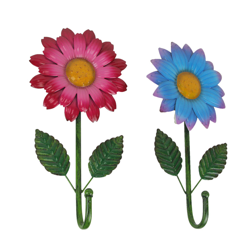 Set of 2 Hand-Painted Blue and Red Metal Flower Decorative Wall Hooks, 15.25 Inches High, Enhancing Your Home Decor with