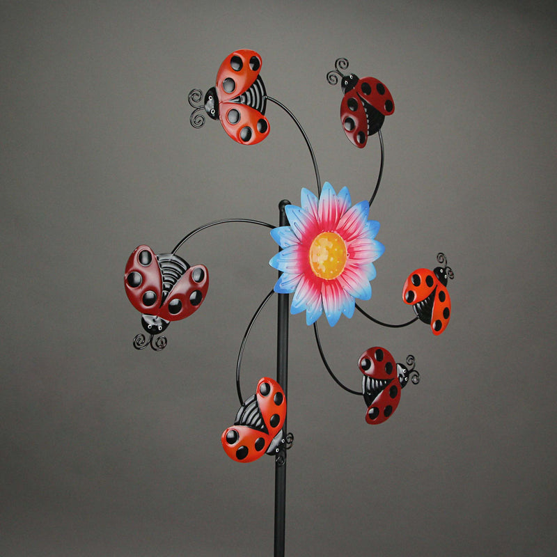 Enchanting Ladybug and Flower Kinetic Wind Sculpture: Large Metal Spinner for Outdoor Yard or Garden Decor - 70.5 Inches