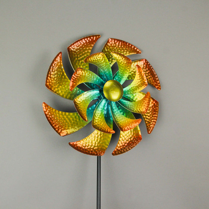 Vibrant Spectrum of Motion: Orange, Yellow, Green & Blue Pinwheel Kinetic Wind Spinner Sculpture for Garden, Yard and