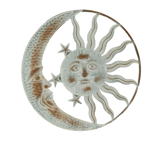 Radiant Celestial Harmony - Distressed White Finish Sun, Moon, and Stars Metal Wall Hanging - Rustic Décor Accent - 20 Inches