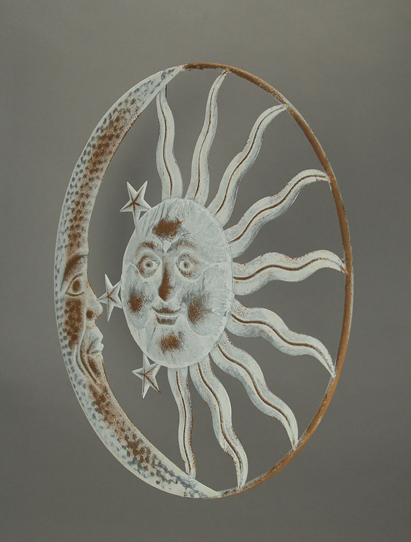 Radiant Celestial Harmony - Distressed White Finish Sun, Moon, and Stars Metal Wall Hanging - Rustic Décor Accent - 20 Inches