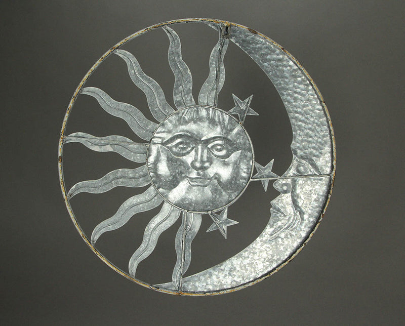 Radiant Celestial Harmony - Distressed White Finish Sun, Moon, and Stars Metal Wall Hanging - Rustic Décor Accent - 20 Inches