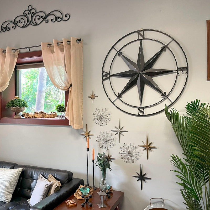 Black - Image 4 - Large Black Nautical Compass Rose Metal Wall Decor | 39.5” Indoor Outdoor Rustic Maritime Accent |