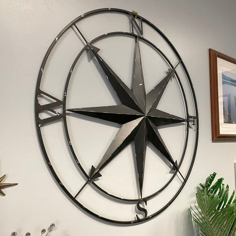 Black - Image 5 - Large Black Nautical Compass Rose Metal Wall Decor | 39.5” Indoor Outdoor Rustic Maritime Accent |