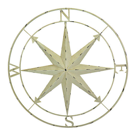 Ivory - Image 1 - Antique White Metal Nautical Compass Rose Wall Décor, an Indoor Outdoor Sculpture - 39.5-Inch Diameter -