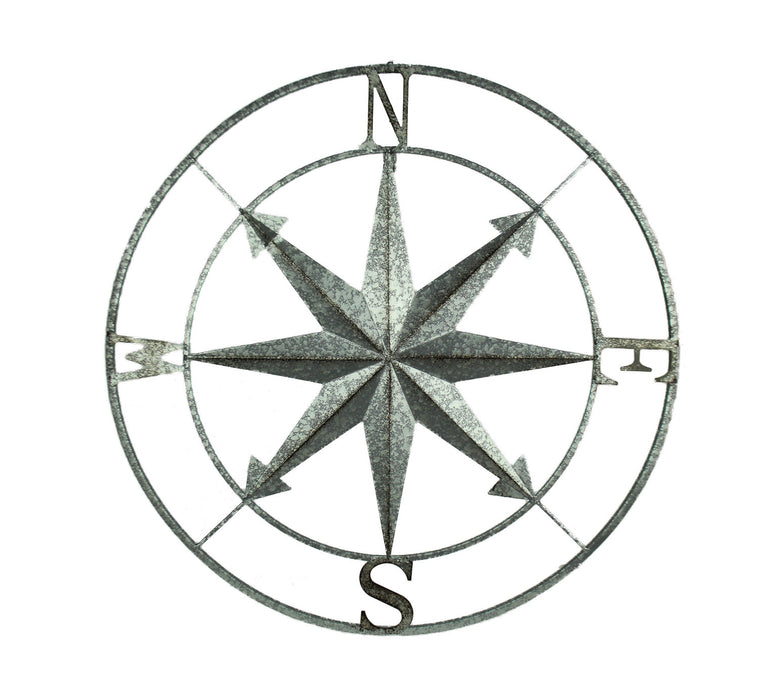 Silver - Image 1 - Distressed Grey Metal Nautical Compass Rose Wall Décor - Easy Installation - A 28-Inch Diameter Maritime