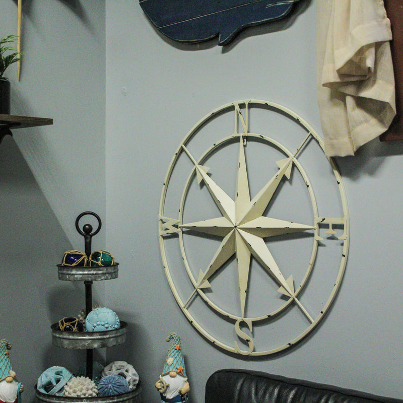 Off-white - Image 4 - Large Antique White Nautical Compass Rose Wall Art - Easy To Hang- 28-inch Diameter Metal Sculpture for