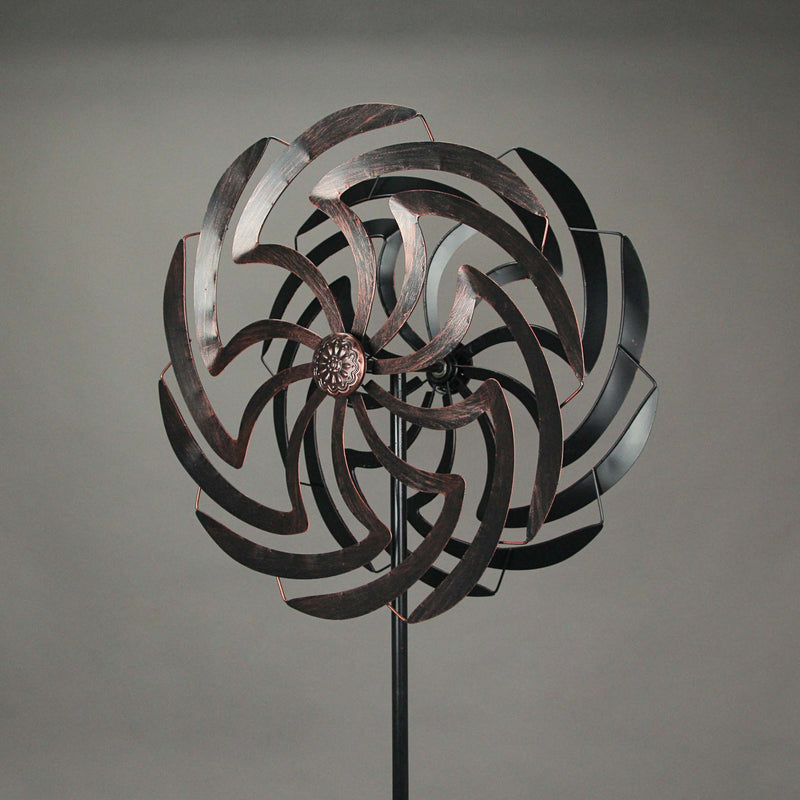 Enchanting Antique Copper Dual Rotator Flower Metal Wind Spinner Stake for Outdoor Garden Decor - Easy Assembly - 70 Inches