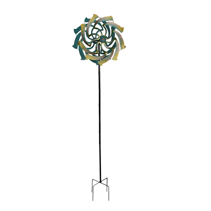 Colorful Teal and Yellow Finish Dual Flower Metal Wind Spinner Garden Stake 70 Inches High Image 1