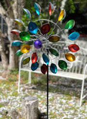 Colorful Anodized Finish Spoon Style Metal Wind Spinner Yard and Garden Stake 66 Inches High Outdoor Décor - Multicolor -