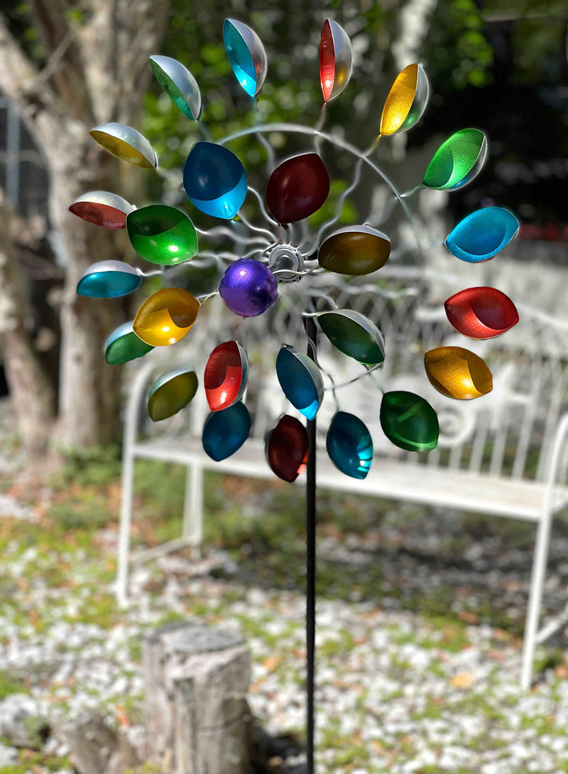 Colorful Anodized Finish Spoon Style Metal Wind Spinner Yard and Garden Stake 66 Inches High Outdoor Décor - Multicolor -