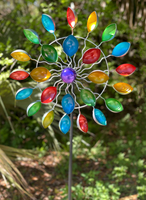 Colorful Anodized Finish Spoon Style Metal Wind Spinner Yard and Garden Stake 66 Inches High Outdoor Décor - Multicolor -