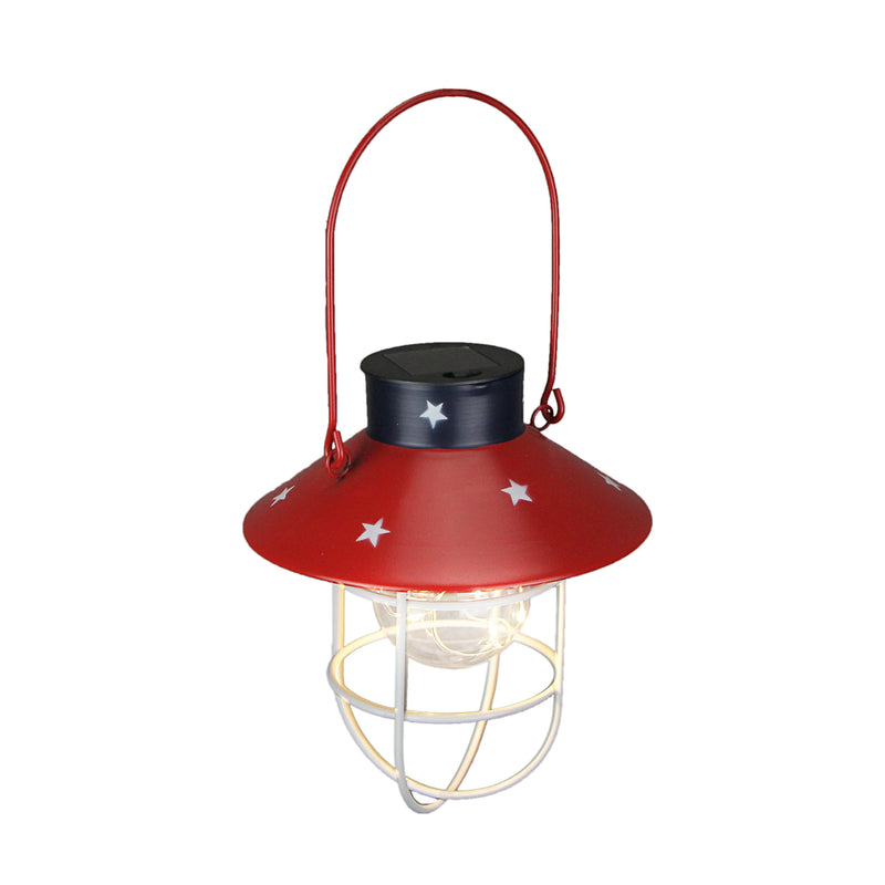 Rustic Metal Red, White, and Blue Patriotic LED Hanging Solar Lantern With Cutout Stars for Beautiful Indoor and Outdoor