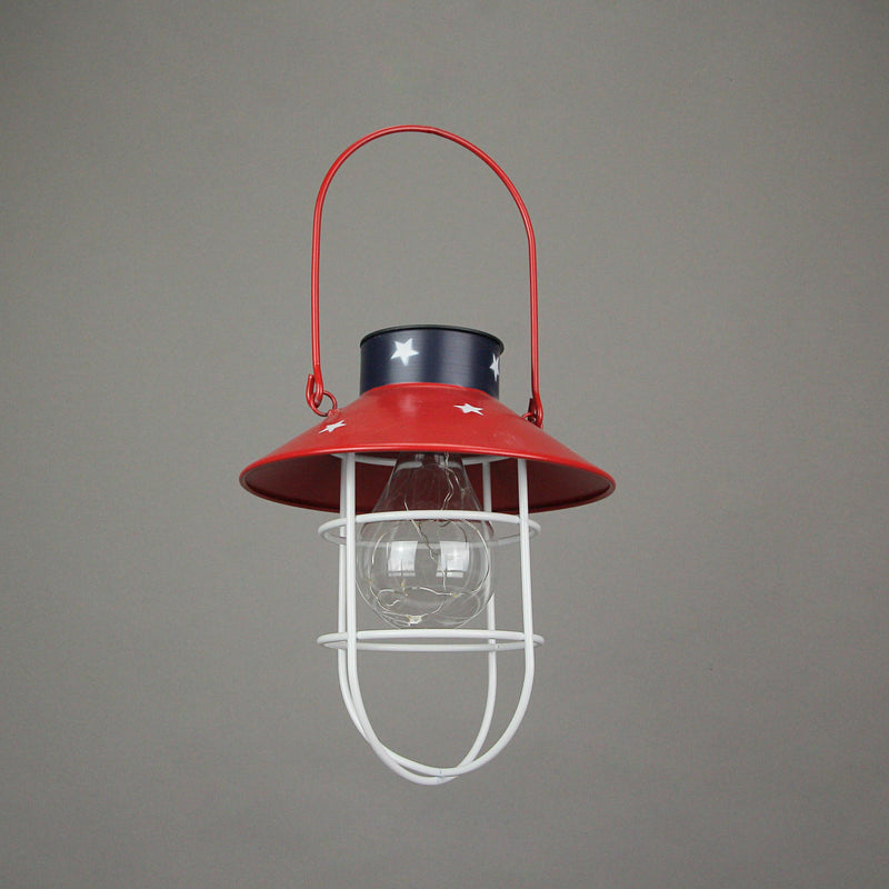 Rustic Metal Red, White, and Blue Patriotic LED Hanging Solar Lantern With Cutout Stars for Beautiful Indoor and Outdoor