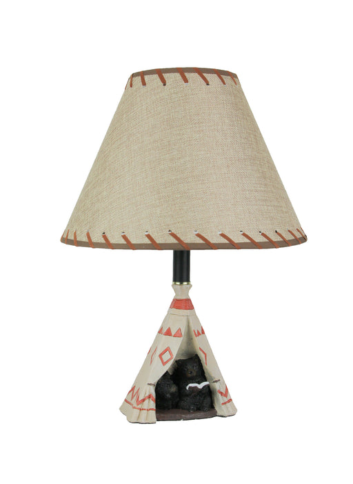 Hand-Painted Rustic Western Table Lamp with Mama Black Bear Reading a Book to Cub Inside Teepee Tent, 13.75 Inch Diameter