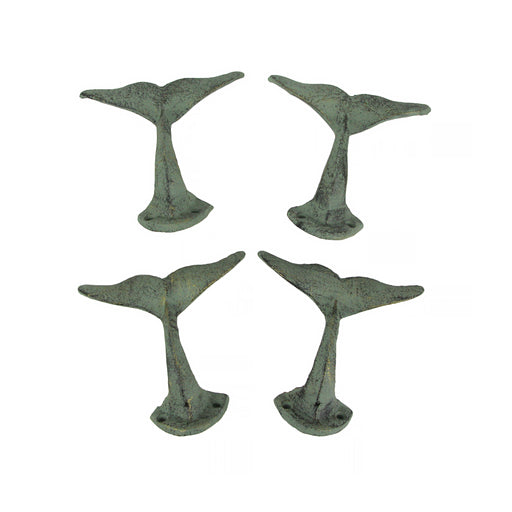 Set of 4 Whale Tail Wall Hooks, 4.5 Inch Green Verdigris Cast Iron Image 1