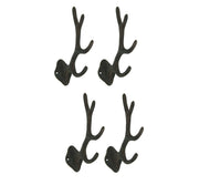 Set of 4 Rustic Brown Cast Iron Deer Antler Wall Hooks - Decorative Bathroom Towel Holder Mount Hat Hanging Rack - Easy