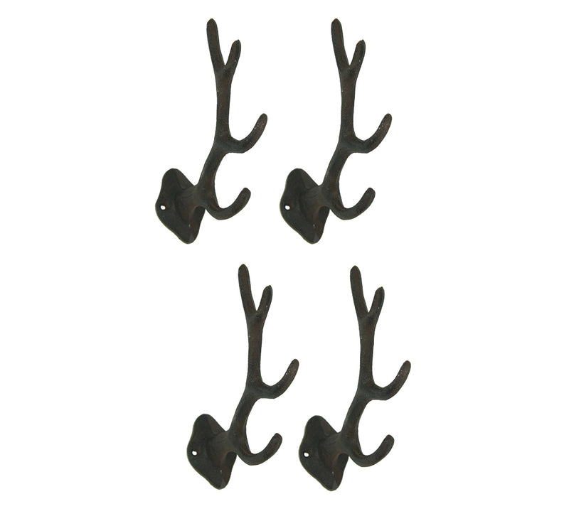 Set of 4 Rustic Brown Cast Iron Deer Antler Wall Hooks - Decorative Bathroom Towel Holder Mount Hat Hanging Rack - Easy