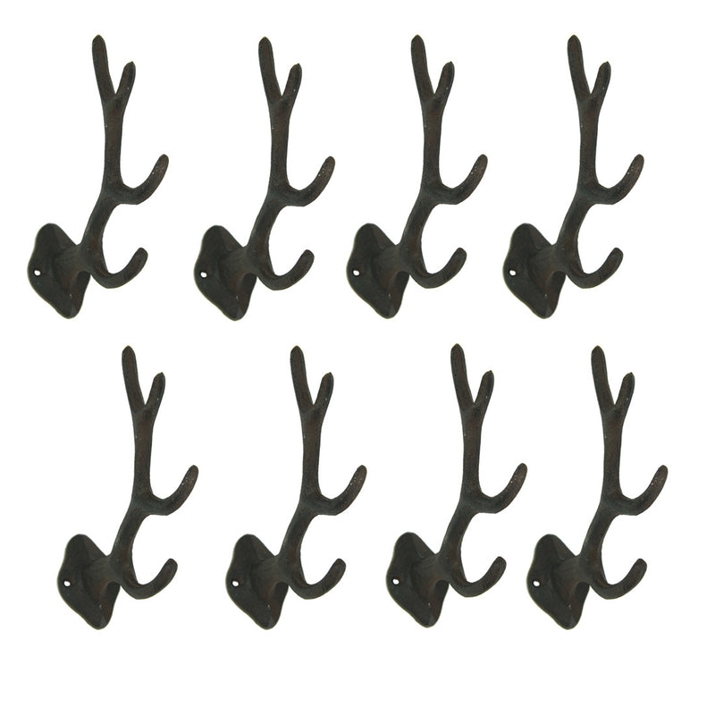 Set of 8 Cast Iron Antler Wall Hooks for Bathroom, Towels, Hats, and More - Charming Western Decor - Each 5.5 Inches High -