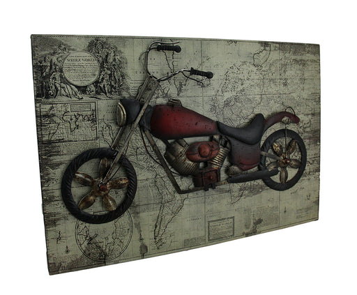 World of Adventure Vintage V-Twin Motorcycle Sculpture On Wood Map Wall Hanging Image 1