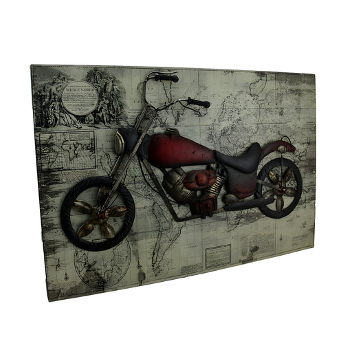 Motorcycle Wall Plaque, 23.5 Inch Vintage V-Twin on Wood Map Image 1