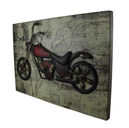 World of Adventure Vintage V-Twin Motorcycle Sculpture On Wood Map Wall Hanging Image 2