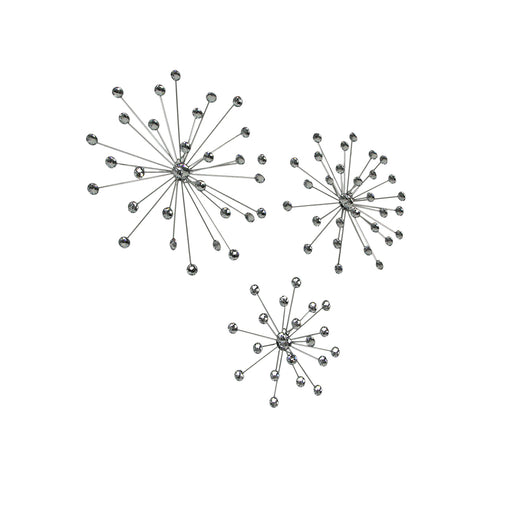 Set of 6 Unique Silver Bursting Star Metal Wall Sculptures with Jeweled Points - Perfect Starburst Accent Pieces for