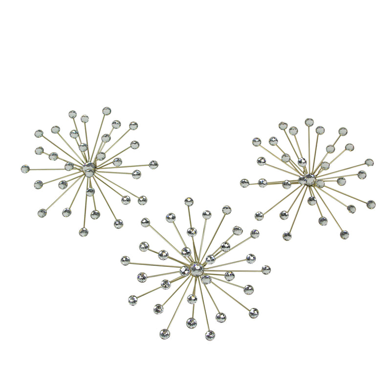 Gold - Image 1 - Set of 3 Gold Finish Starburst Jeweled Metal Decorative Wall Sculptures: Glamorous Rhinestone and Crystal