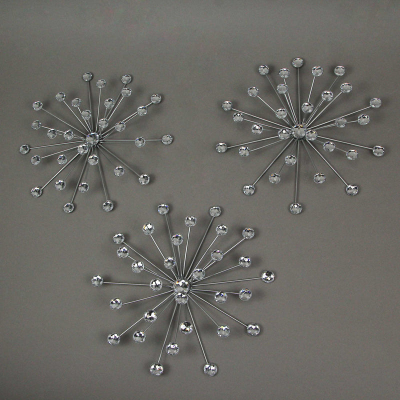 Silver - Image 2 - Set of 3 Silver Starburst Jeweled Metal Decorative Wall Sculptures: Intricate Rhinestone and Crystal