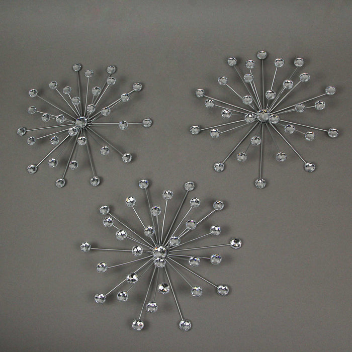 Silver - Image 2 - Set of 3 Silver Starburst Jeweled Metal Decorative Wall Sculptures: Intricate Rhinestone and Crystal