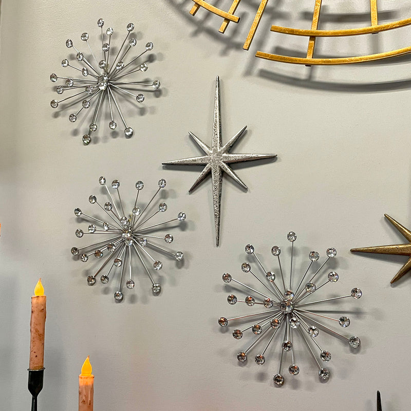 Silver - Image 4 - Set of 3 Silver Starburst Jeweled Metal Decorative Wall Sculptures: Intricate Rhinestone and Crystal