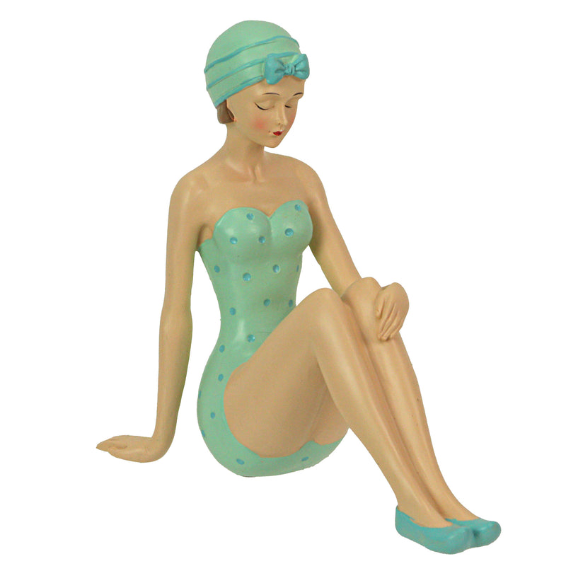 Vintage Bathing Beauty in Teal and Blue Polka Dot Swimsuit Statue, a Nostalgic Art Piece  - 8.25 Inches Long - Capturing the