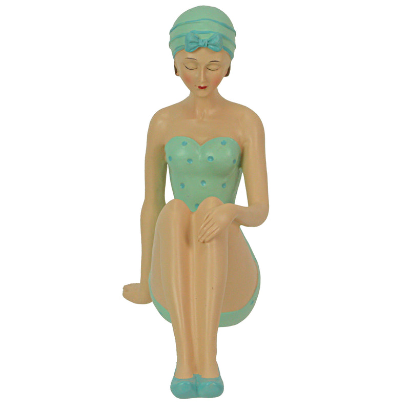 Vintage Bathing Beauty in Teal and Blue Polka Dot Swimsuit Statue, a Nostalgic Art Piece  - 8.25 Inches Long - Capturing the