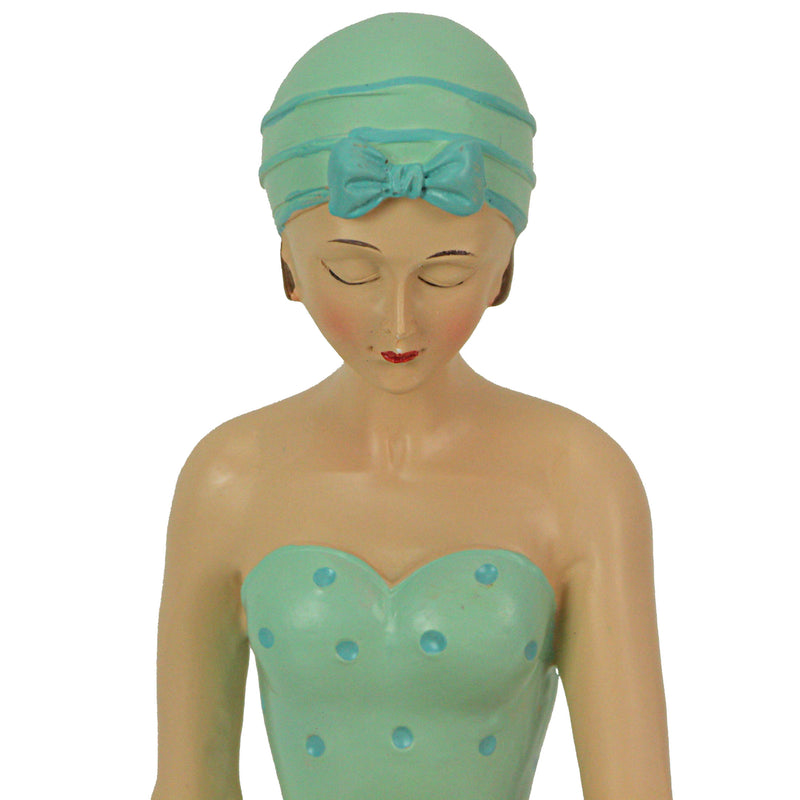 Vintage Bathing Beauty in Teal and Blue Polka Dot Swimsuit Statue, a Nostalgic Art Piece  - 8.25 Inches Long - Capturing the