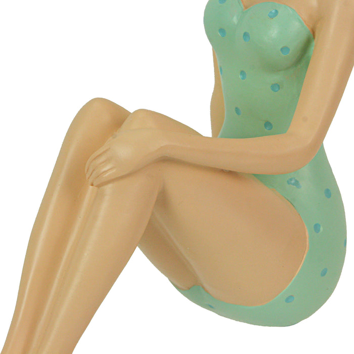 Vintage Bathing Beauty in Teal and Blue Polka Dot Swimsuit Statue, a Nostalgic Art Piece  - 8.25 Inches Long - Capturing the