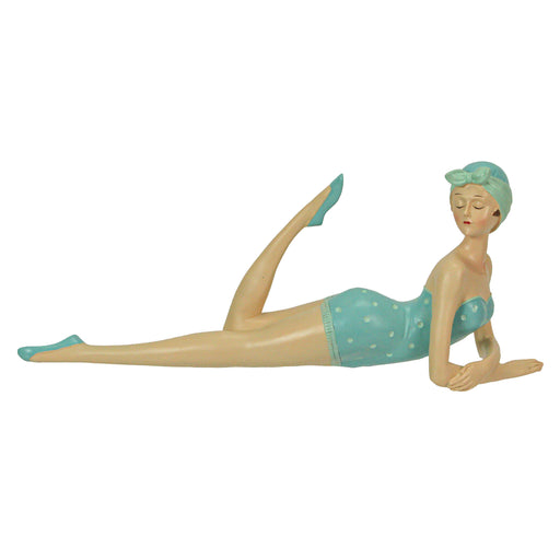 Retro Bathing Beauty Beach Girl in Sage Green Polka Dot Swimsuit Figurine, Hand-Painted Collectible Home Decor Accent - 13.5