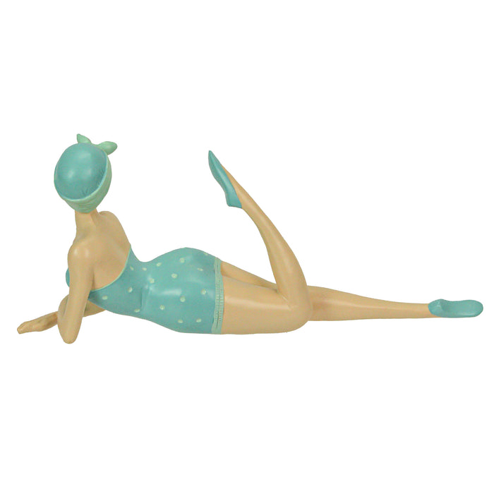 Retro Bathing Beauty Beach Girl in Sage Green Polka Dot Swimsuit Figurine, Hand-Painted Collectible Home Decor Accent - 13.5