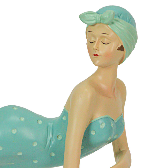 Retro Bathing Beauty Beach Girl in Sage Green Polka Dot Swimsuit Figurine, Hand-Painted Collectible Home Decor Accent - 13.5