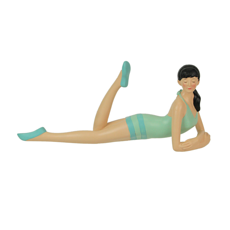 Demure Brunette Retro Bathing Beauty Figurine – Vintage Coastal Charm in Sage Green / Blue Striped Swimsuit, Hand-Painted