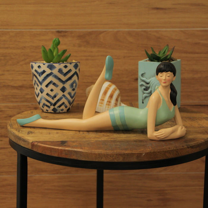 Demure Brunette Retro Bathing Beauty Figurine – Vintage Coastal Charm in Sage Green / Blue Striped Swimsuit, Hand-Painted